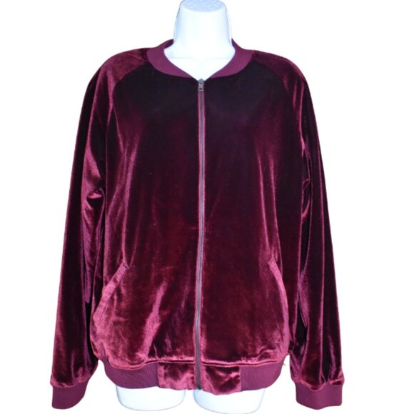 Aqua Burgundy Red Velvet Bomber Jacket Size Medium Full Zip Soft Retro Chic - Picture 1 of 10